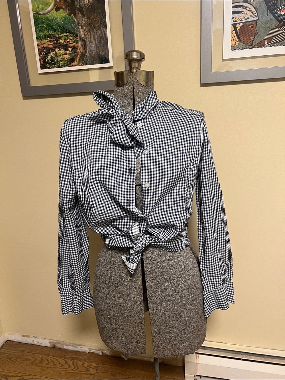 Classic Black & White Gingham Tie-Neck Button-Down Shirt